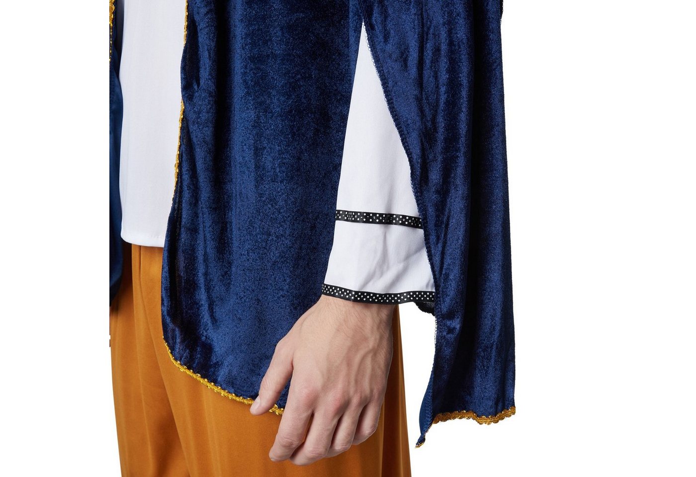 dressforfun Kostüm Ausrufer/Verkünder, in der Farbe blau/weiß, Konfektionsgröße XL, Kopfbedeckung mit Feder, Hellbraune Dreiviertelhose mit Gummizug Bild 3