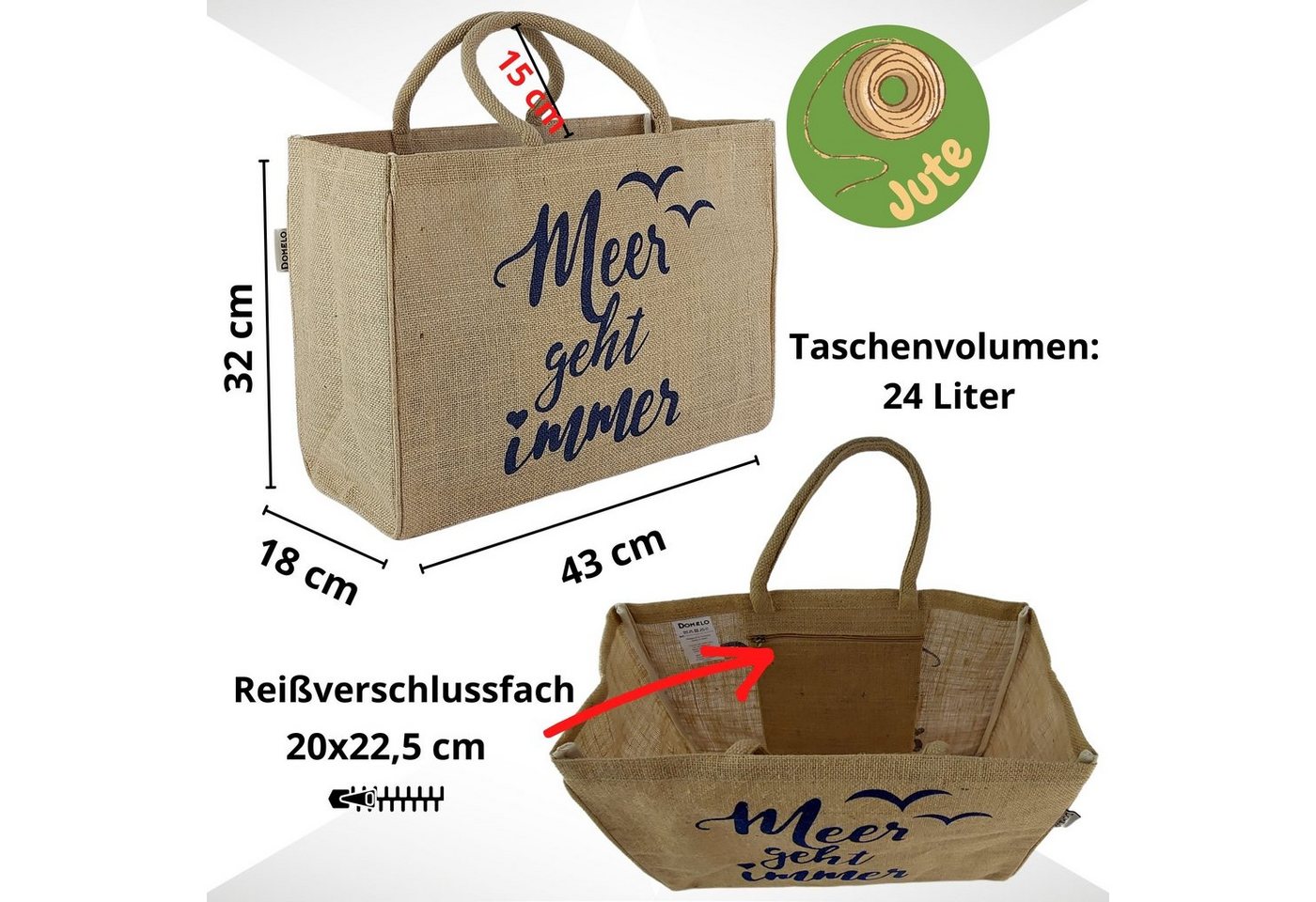 Domelo Einkaufsshopper Jute Einkaufskorb, Vegan Einkaufstasche, Korbtasche, Shopping bag, verstärkter Boden, wasserabweisende Innenbeschichtung Bild 2