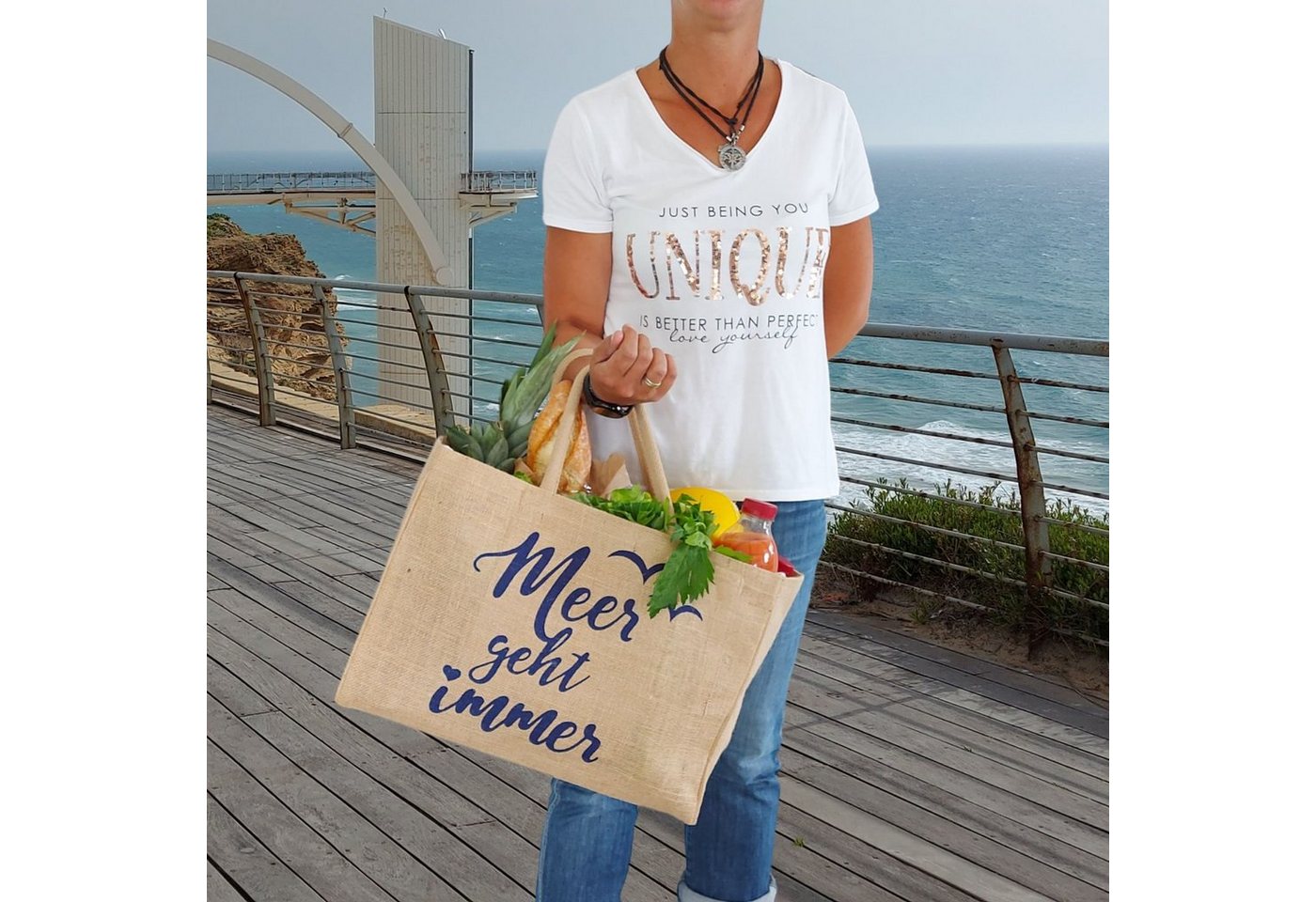 Domelo Einkaufsshopper Jute Einkaufskorb, Vegan Einkaufstasche, Korbtasche, Shopping bag, verstärkter Boden, wasserabweisende Innenbeschichtung Bild 3