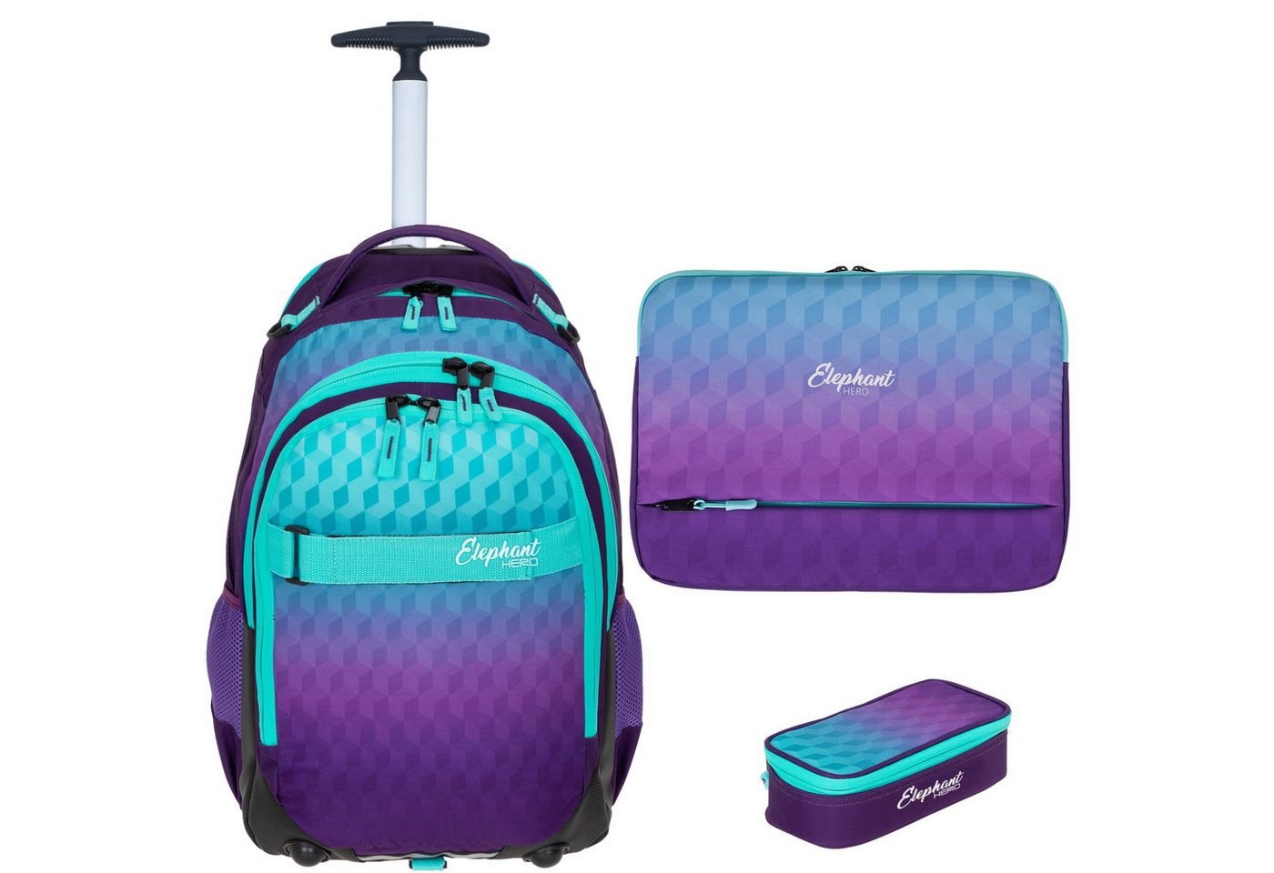 ELEPHANT Schulrucksack Trolley Schultrolley Trolly Rucksack Laptoptrolley Schule Kinder (3 Teile Set, Rucksacktrolley + Federmäppchen + Laptophülle), Schultasche Räder Trolleyrucksack mit Laptop Sleeve Mäppchen Box +tml Bild 2