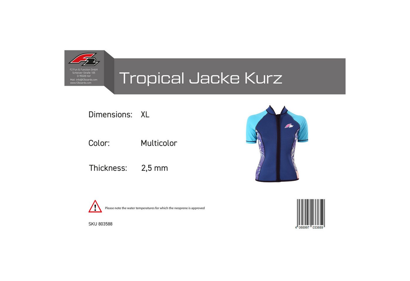 F2 Neoprenanzug F2 Damen Neopren Oberteil Tropical Jacke Kurz 2,5 mm XL Multicolor