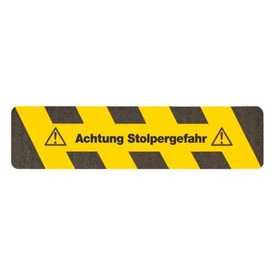 m2-Antirutschbelag™, Warnmarkierung, schwarz/gelb, "Achtung Stolpergefahr", Streifen 150 x 610 mm