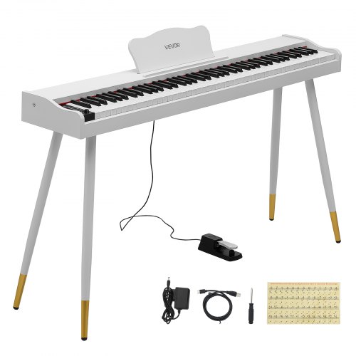 VEVOR Digitalpiano 88 Halbgewichtete Tasten in Standardgröße E-Piano Weiß für Anfänger, 600 Klangfarben, 600 Rhythmen, USB, MIDI, Audioausgang, Kopfhörerbuchse, Sustain-Pedal und HiFi-Lautsprechern