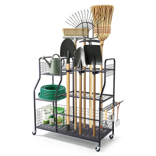 VEVOR Gartengeräte Ständer 1050x435x1005mm Gerätehalter mit Rollen Schwarz, Aufbewahrungsregal für Garage Schuppen Garten, Stahl-Organizer für Besen, mit 3 Ablagefächern Haken & Doppelschichtschlitzen