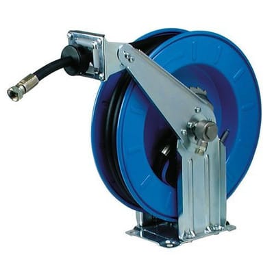 Automatischer Schlauchaufroller, Druckluft/Wasser/Öl, aus Stahlblech, Schlauchlänge 20 m, DN 12