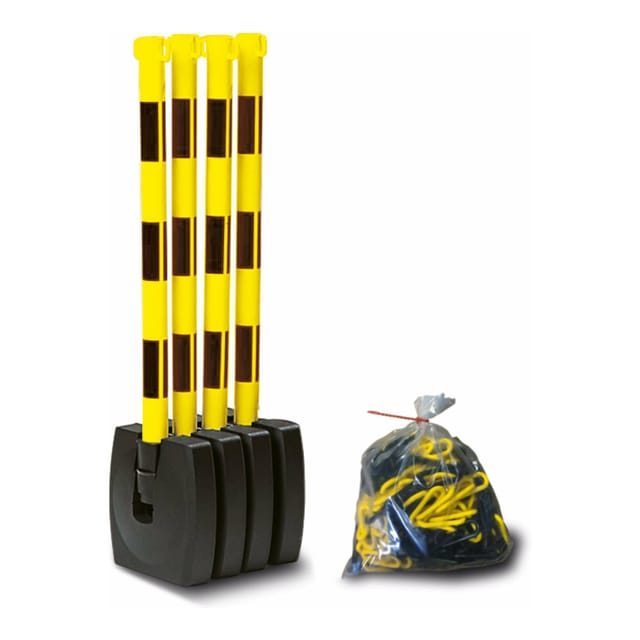 Ketten-Warnständer zum Umklappen, mit 2 Kettenösen, Fuß 280 x 280 mm, 900 mm hoch, schwarz/gelb