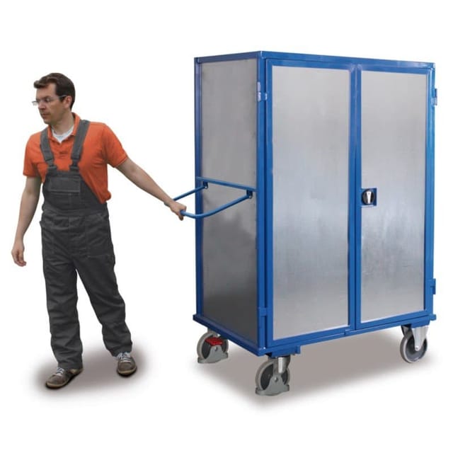 Schrankwagen m. Blechwand, Doppelflügeltür, Treibriegelverschluss, 5 Etagen, EasySTOP, 1045 x 685 mm