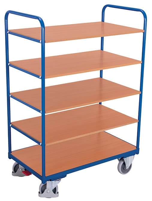 Etagenwagen aus Stahl, 5 Etagenböden, pulverbeschichtet, TPE-Rollen, EasySTOP, 850 x 500 mm