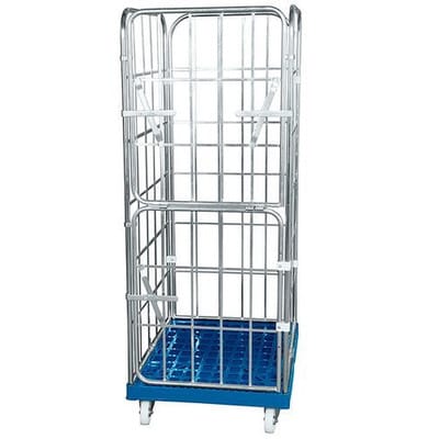 Logistik-Box, Kunststoffrollplatte, 4 Wände verzinkt, Vorderwand klappbar, 724 x 815 x 1850 mm
