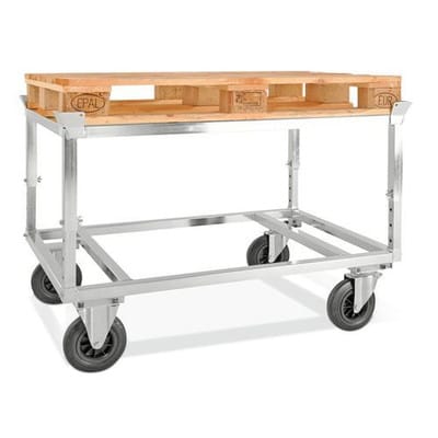 Fahrgestell KM für Euro-Paletten, verzinkt, H verstellbar 655-835 mm, 800 Kg, Rollen VG, Feststeller