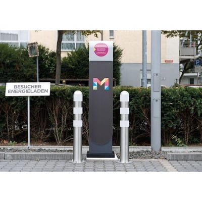 Ladesäulen Rammschutz-Poller aus Edelstahl, H 800 mm, Reflexringe weiß, zum Aufdübeln