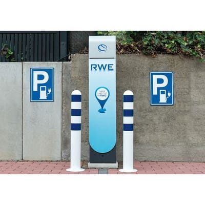 Ladesäulen Rammschutz-Poller, Stahl, feuerverzinkt, H 800 mm, Reflexringe blau, zum Aufdübeln