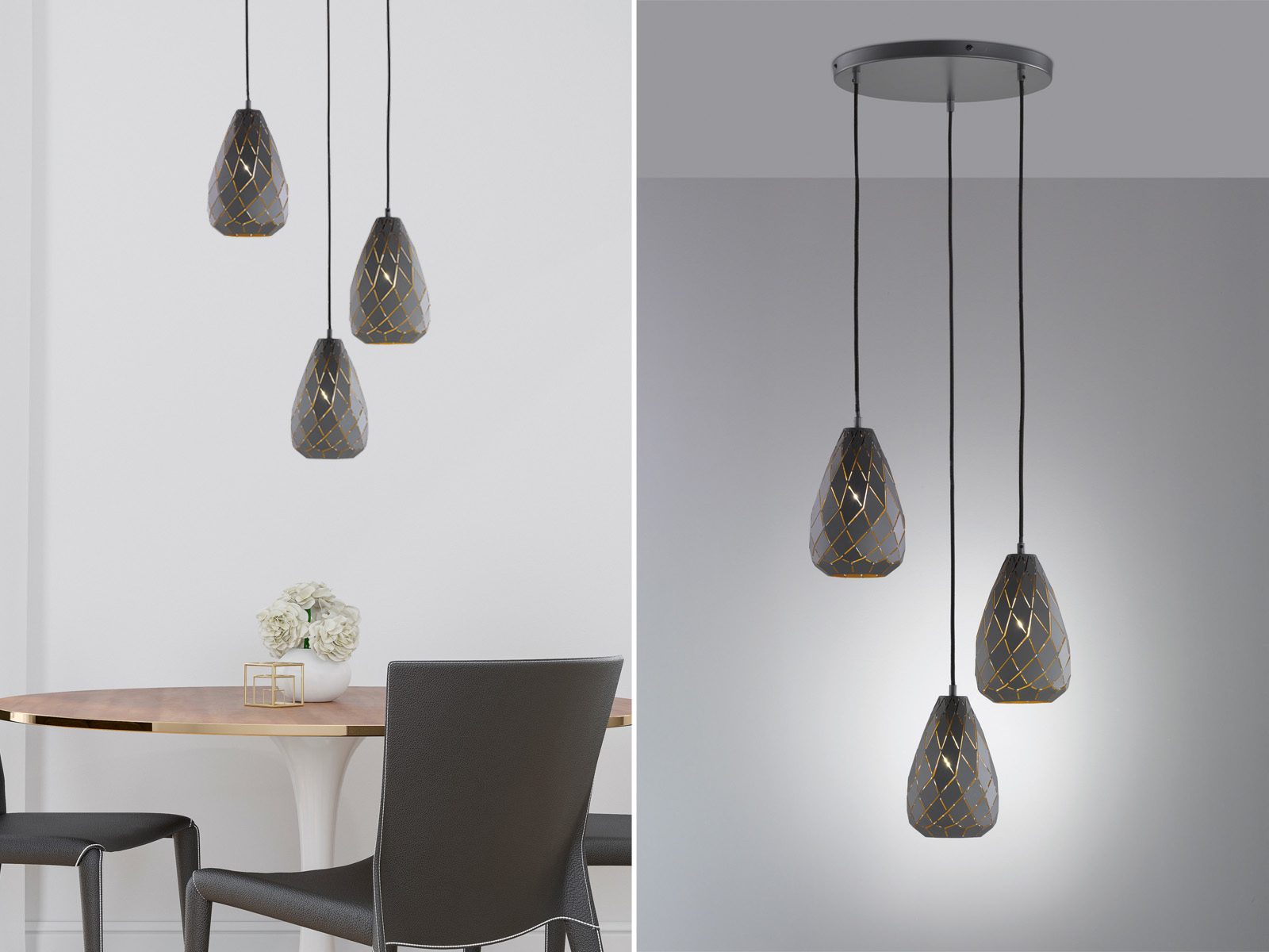 Trio - Pendelleuchte Onyx 3-flammig Mit Lasercut Muster Anthrazit Innen Gold, Ø 35cm