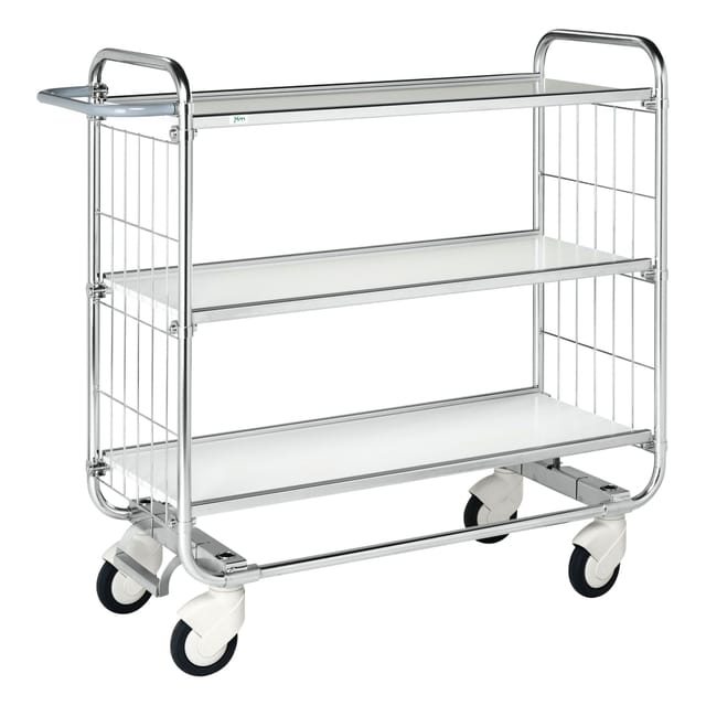 Etagenwagen KM, verzinkt, 3 flexible Böden, LxBxH 1195 x 470 x 1120 mm, 4 Lenkrollen, Zentralstopp