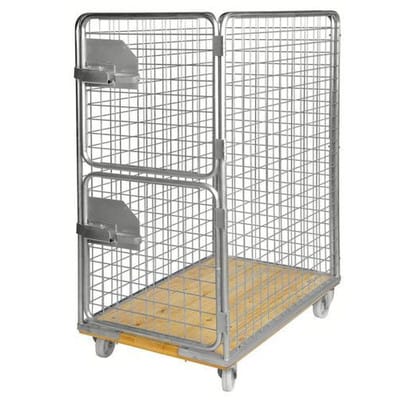 Rollbehälter KM mit Holzplatte, 4-seitig, Tür Stirnseite 2-teilig, LxBxH 1200 x 750 x 1700 mm