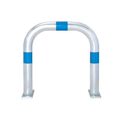 Ladesäulen Rammschutz-Bügel aus Stahl, feuerverzinkt, B 500 mm, Reflexringe blau, zum Aufdübeln