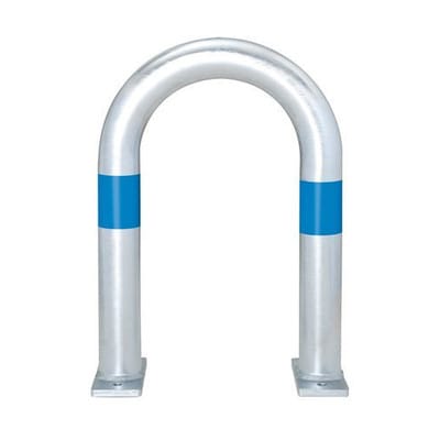Ladesäulen Rammschutz-Bügel aus Stahl, feuerverzinkt, B 360 mm, Reflexringe blau, zum Aufdübeln