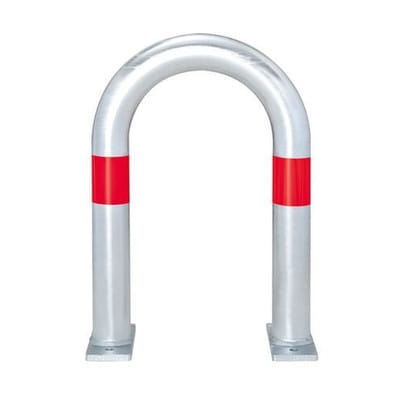 Ladesäulen Rammschutz-Bügel aus Stahl, feuerverzinkt, B 360 mm, Reflexringe rot, zum Aufdübeln