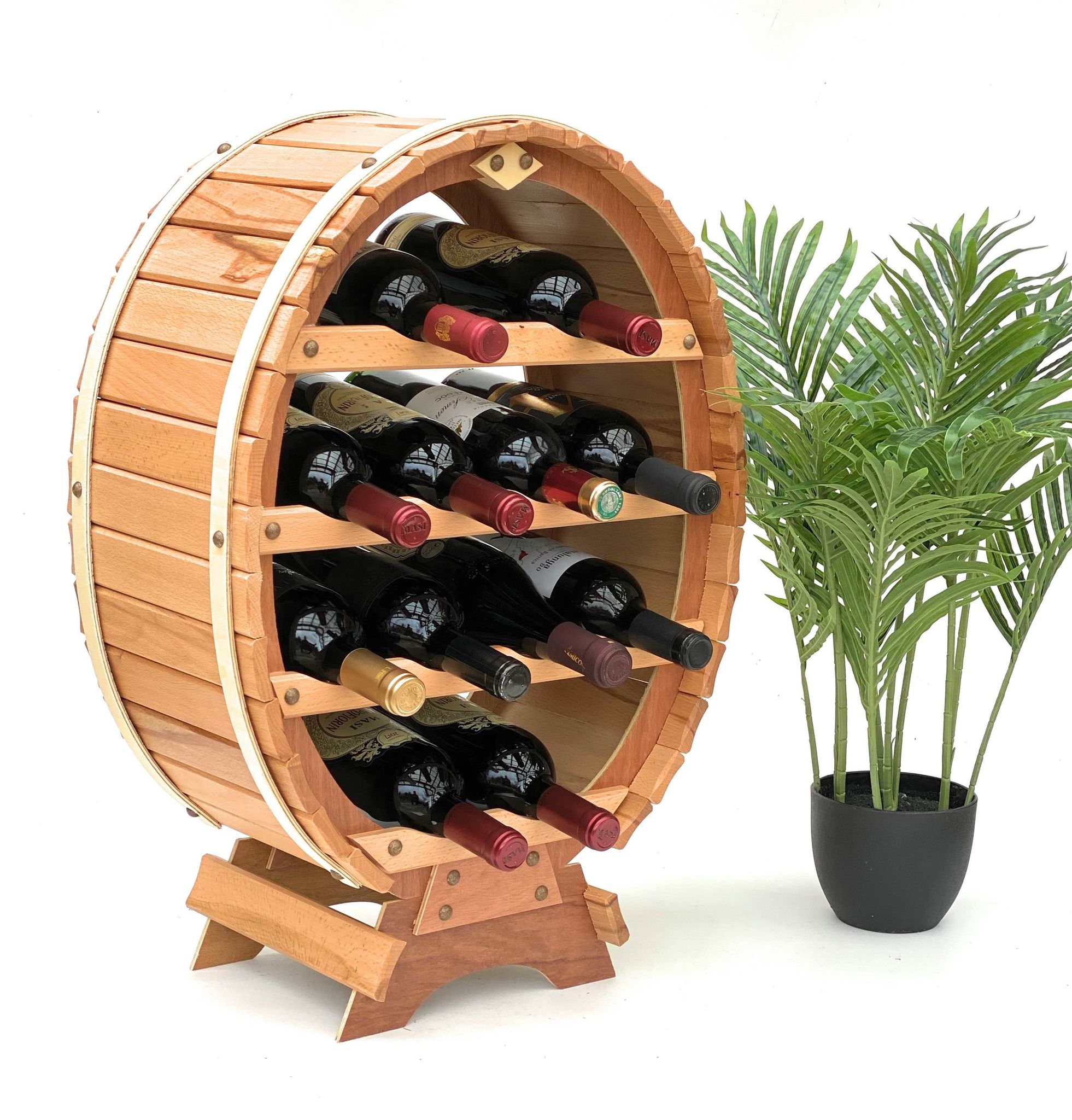 Dandibo - Weinregal Holz Stehend Weinfass 12 Flaschen Natur Lackiert Flaschenregal Flaschenhalter Fass