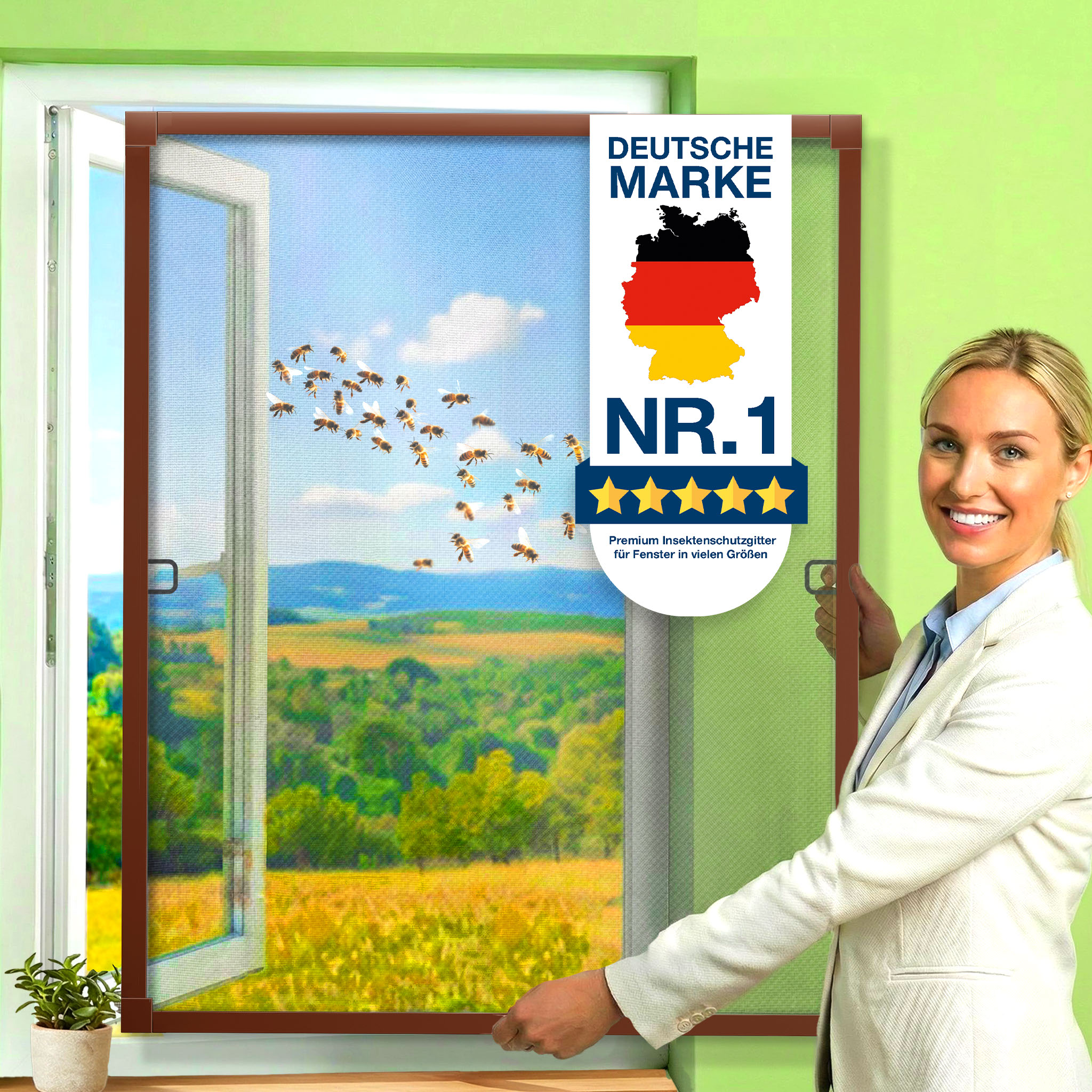 Kesser® Fliegengitter Fenster, Aluminiumrahmen - 130 X 150 Cm, Braun