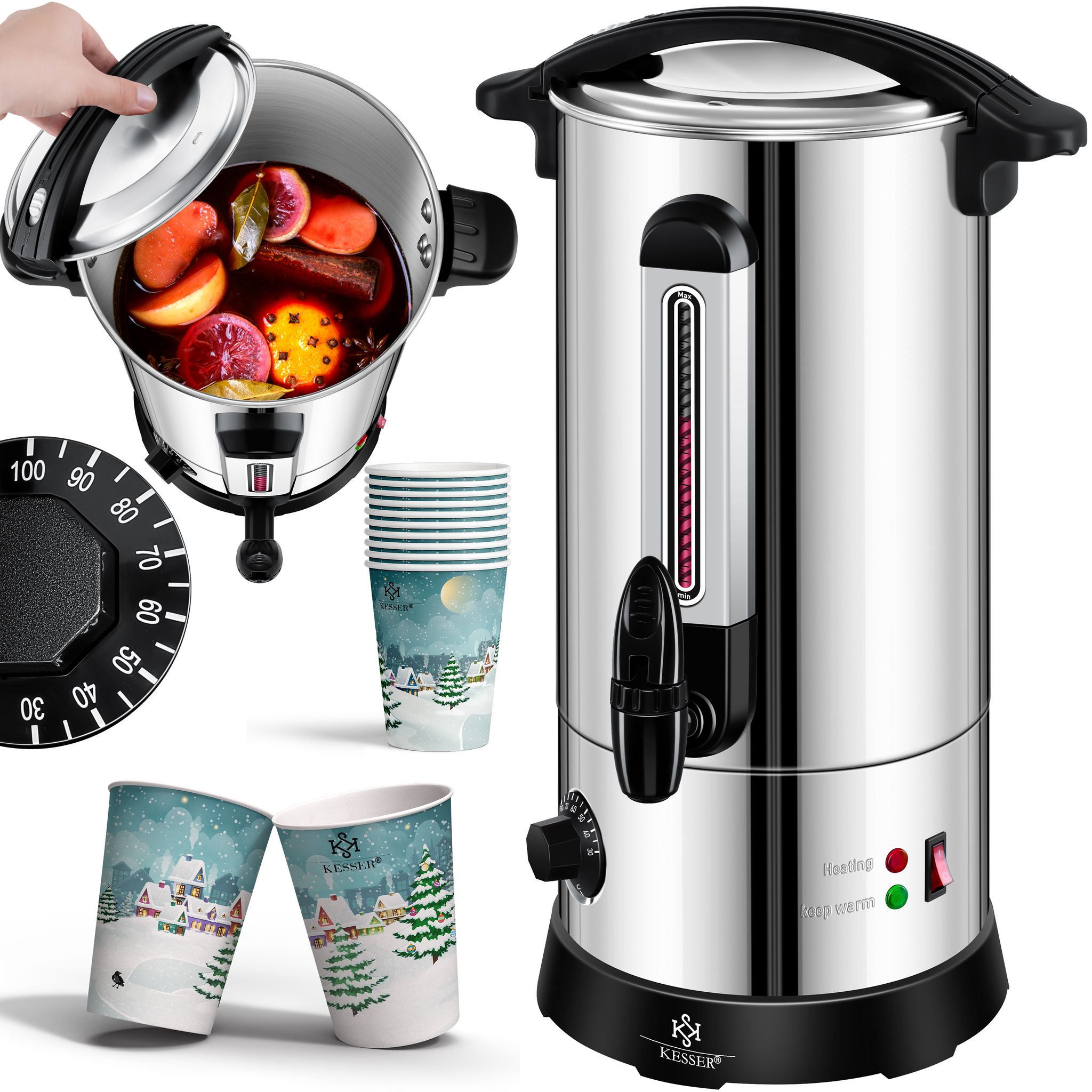 Kesser® Glühweinkessel Mit 10 Bechern, Thermostat - 30 L, Silber