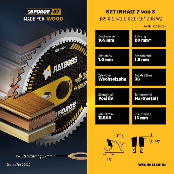 1x Ø165 Akku Hand- Kreissägeblatt Set passend für Bosch GKS 18v-57g, Bosch GKT 55 GCE, Makita SP6000 | Universal-Kreissägeblatt-Sets