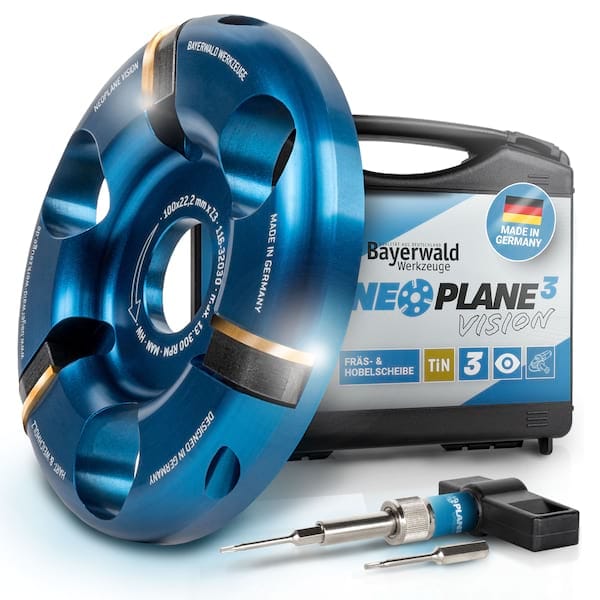 1x NeoPlane Frässcheibe für Winkelschleifer Ø 100 mm x 22,2 mm mit 3 HM Messern im Koffer | Bayerwald Neo Plane Hobelscheibe für Winkelschleifer