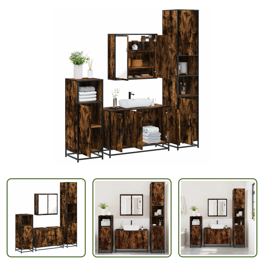Badmöbel Set - 4-tlg. Badmöbel-set Räuchereiche Holzwerkstoff