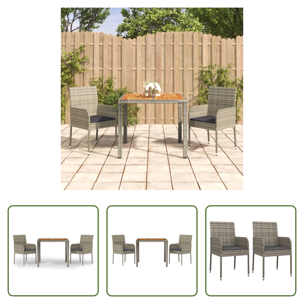 Gartenessgruppe - 3-tlg. Garten-essgruppe Mit Kissen Grau Poly Rattan