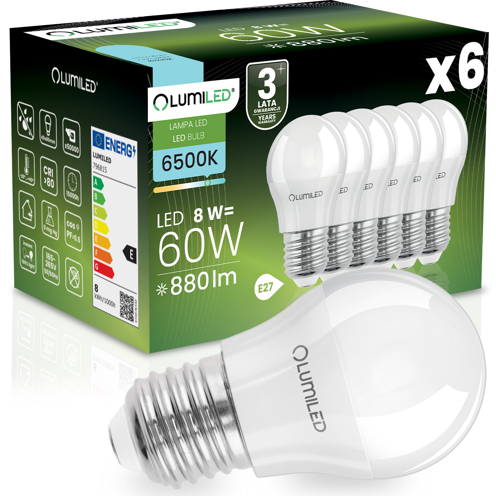 6x Led-lampe E27 Kugel P45 8w = 60w 880lm 6500k Kaltweiß 180° Lumiled