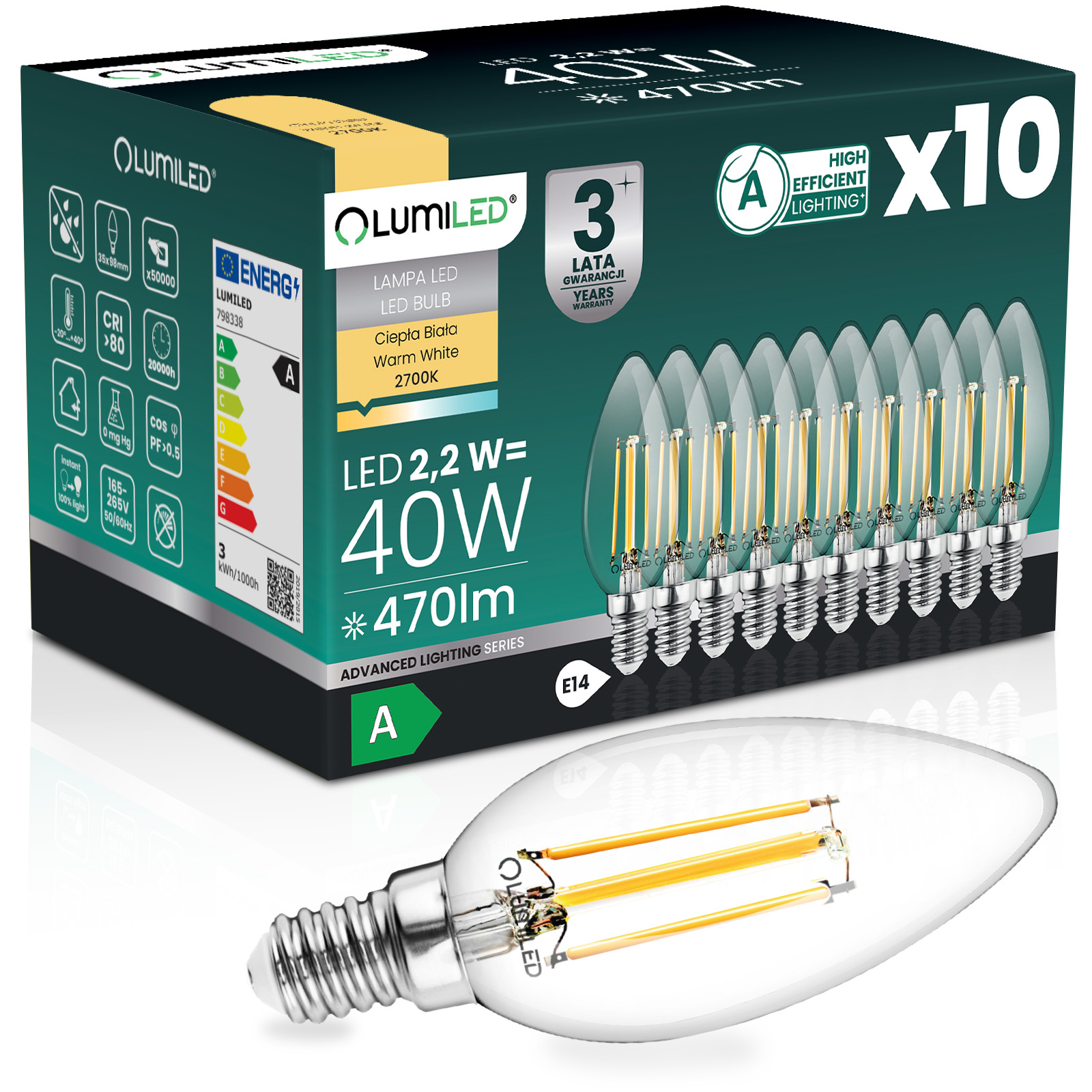 10x Led-lampe E14 Kerzenfassung B35 2,2 W 470 Lm = 40 W 2700 K Warmweiß 360°-glühfaden, Lichtklasse A