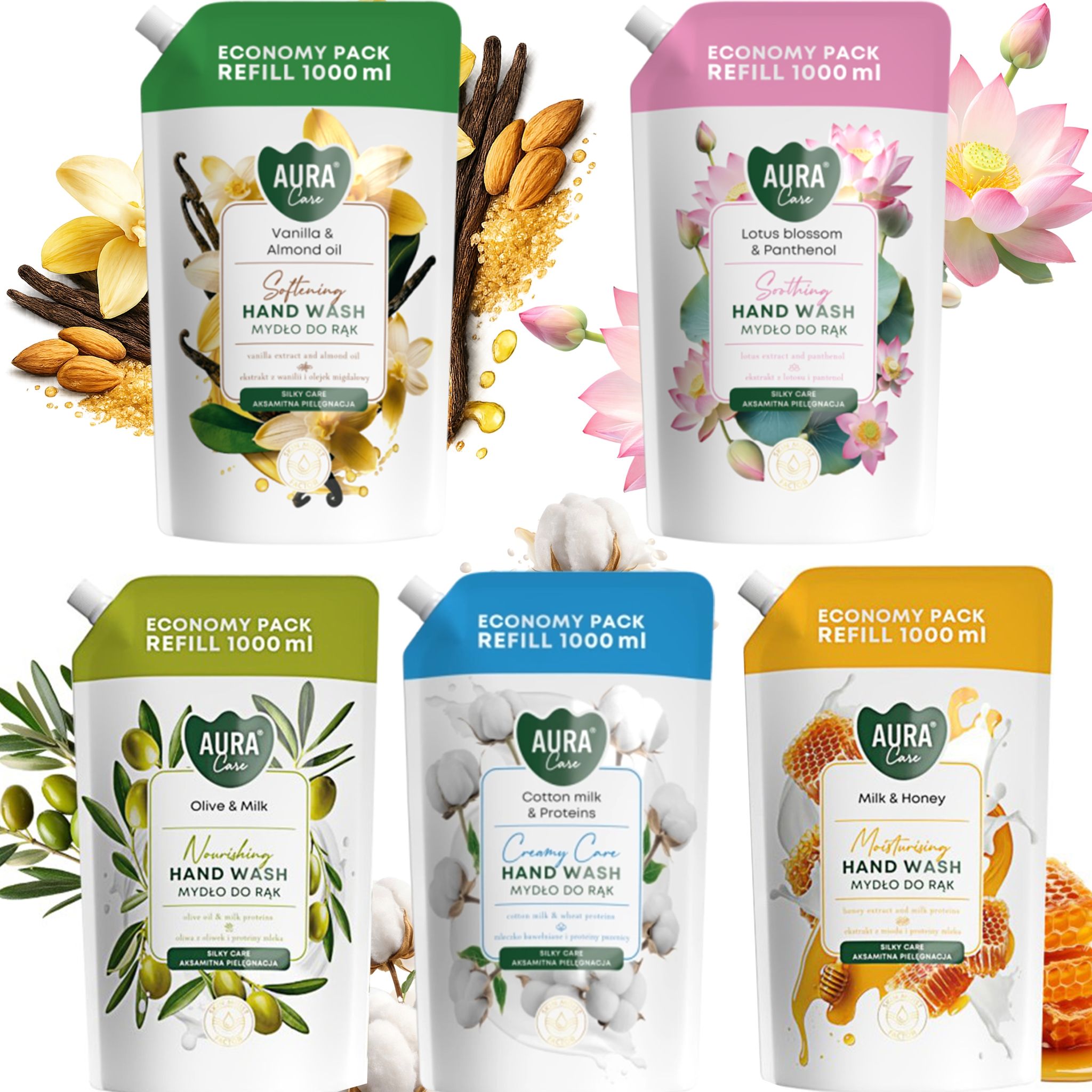 Set Mit 5 X 1000 Ml Aura Care Handseife Nachfüllpackungen, Mischung