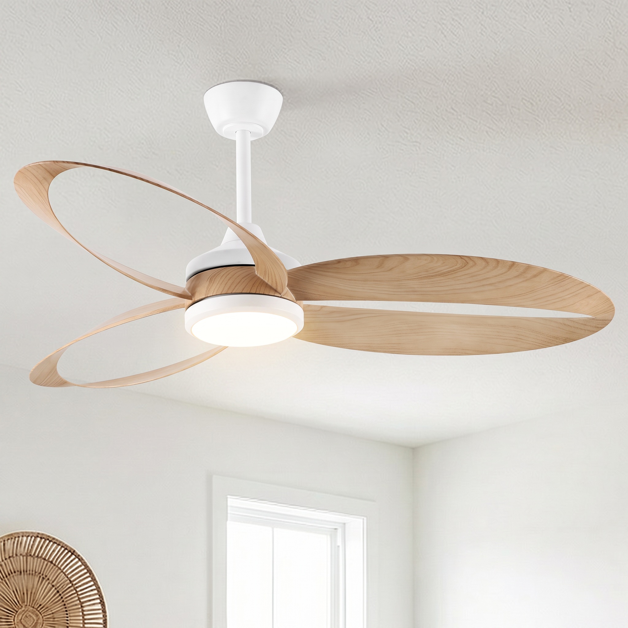 Parrot Uncle Deckenventilator Mit Licht Led 132 Cm, Holzoptik Abs-flügel, Leiser Dc-motor, Fernbedienung, 6 Geschwindigkeiten, Timer, Sommer-winter-funktion Weiß