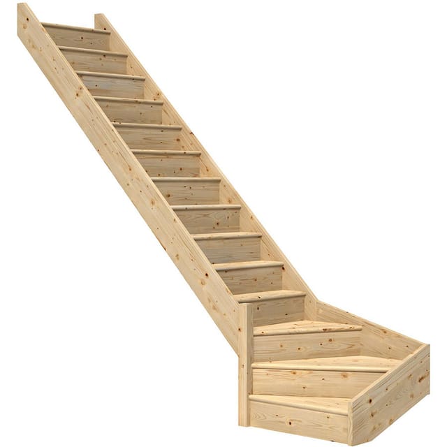 DOLLE Raumspartreppe Wangentreppe Paris Holztreppe, Ohne Geländer, 1/4 gewendelt (links),bis 318 cm,Fichte,mit Setzstufen,unbehandelt