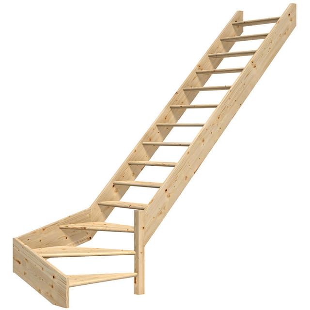 DOLLE Raumspartreppe Wangentreppe Paris Holztreppe, Ohne Geländer, 1/4 gewendelt (rechts),bis 318 cm,Fichte,ohne Setzstufen,unbehandelt