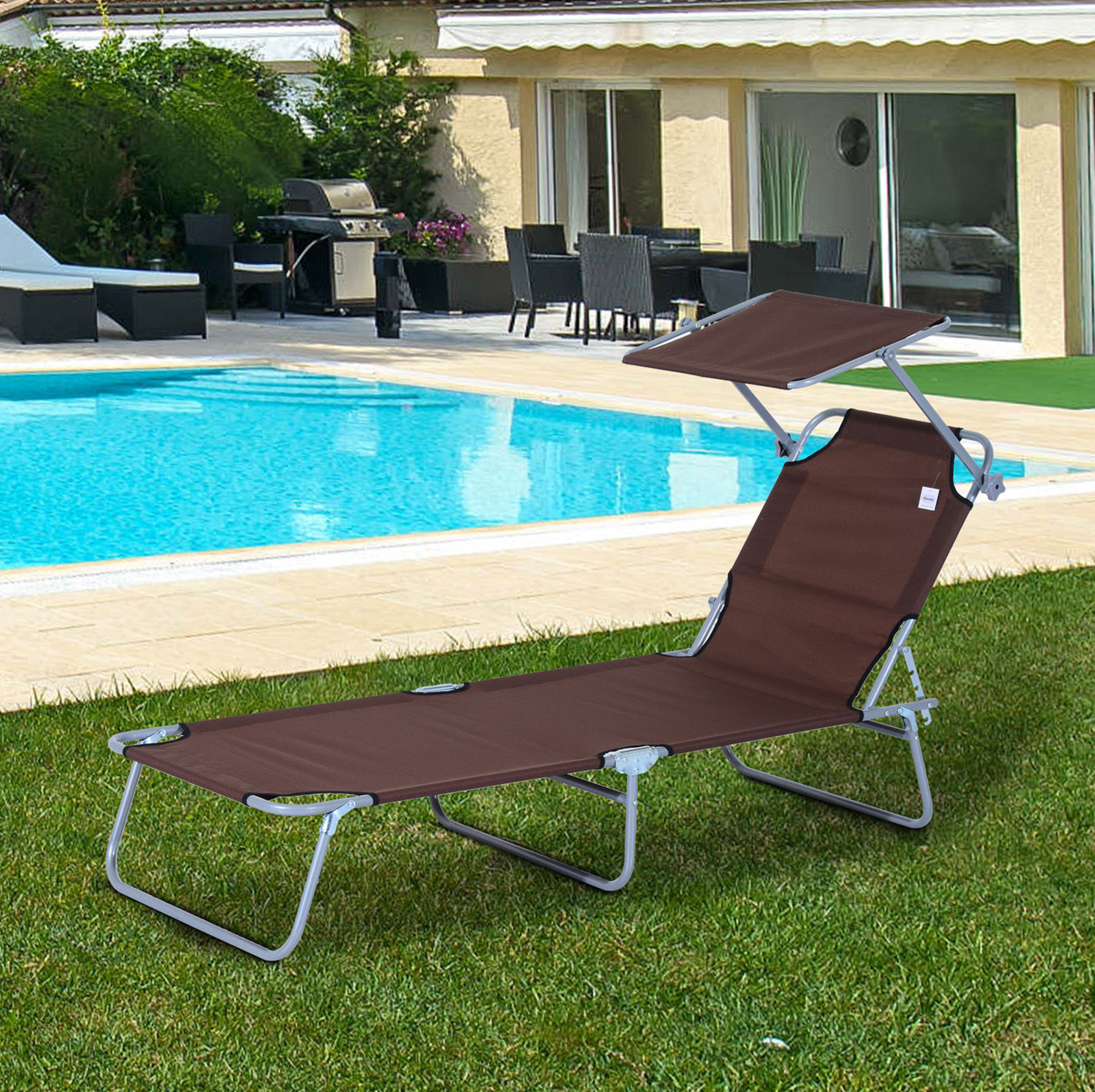Gartenliege 187x58x36 Cm Braun Aus Metall Klappbar Mit Sonnendach