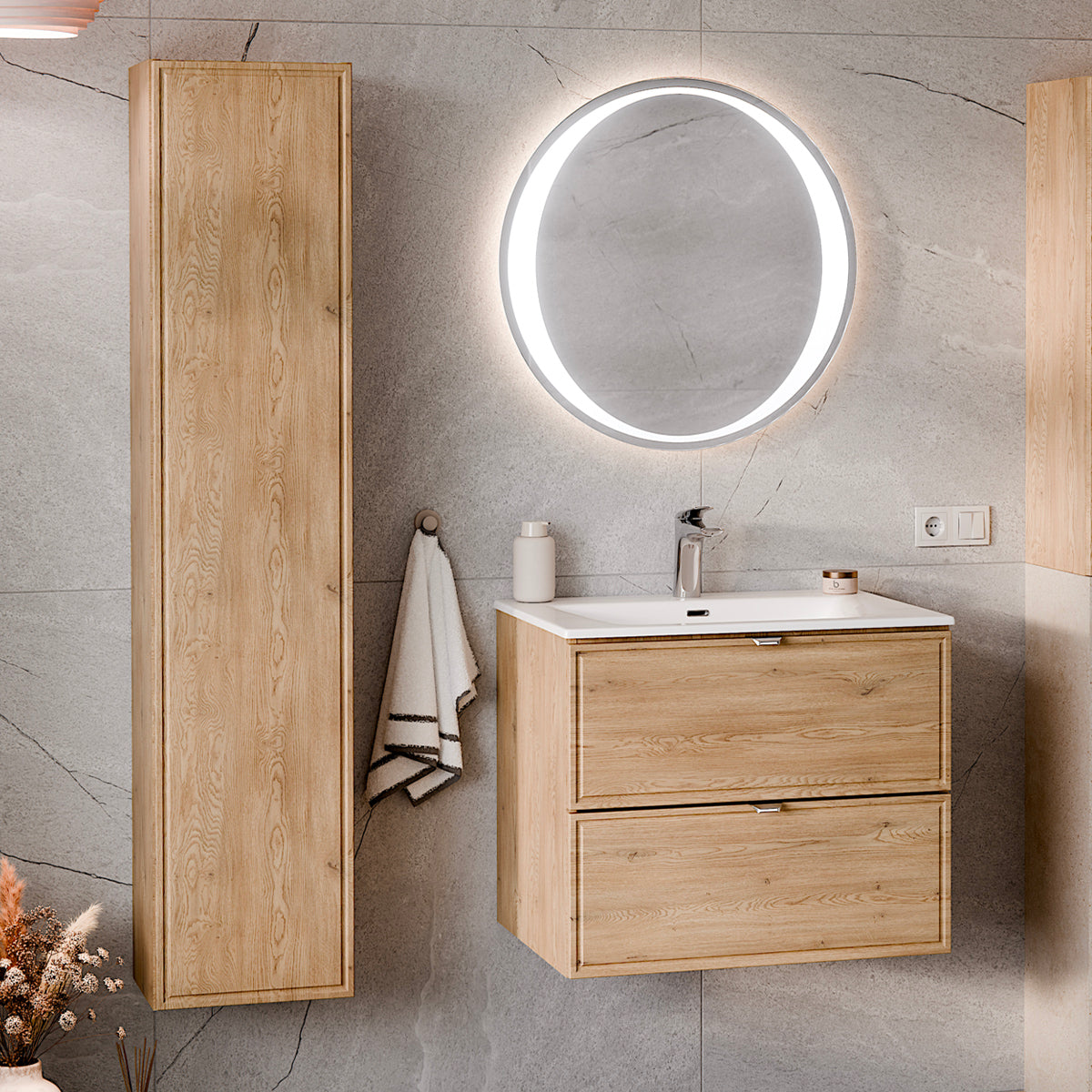 Set Aus Einzelmöbel, Einbauwaschbecken 60cm Und Säule Elias Holz