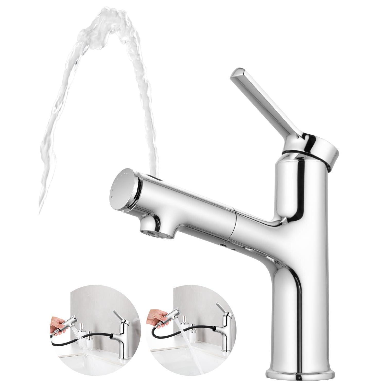 Waschtischarmatur Mit Ausziehbarer Brause, 3 Wasserflussmodi, Einhebelmischer, Chrom Poliert