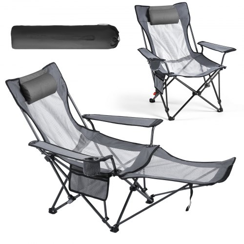 Campingstuhl Faltbar, Liegestuhl Mit 4 Verstellbaren Positionen, Relaxsessel Liege Mit Getränkehalter, Netz-strandstuhl Mit Kopfstütze & Fußstütze, Trägt 100 Kg, Für Outdoor Camping, Grau