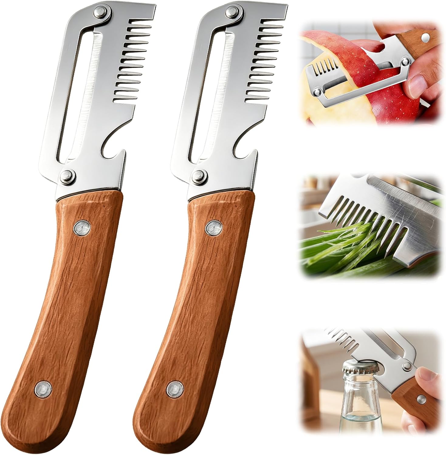 2-teiliger Multifunktionaler Küchenschäler, Kartoffelschäler Mit Holzgriff, 3-in-1 Obst- Und Gemüseschäler Und Reibe Mit Flaschenöffner Und Reibe