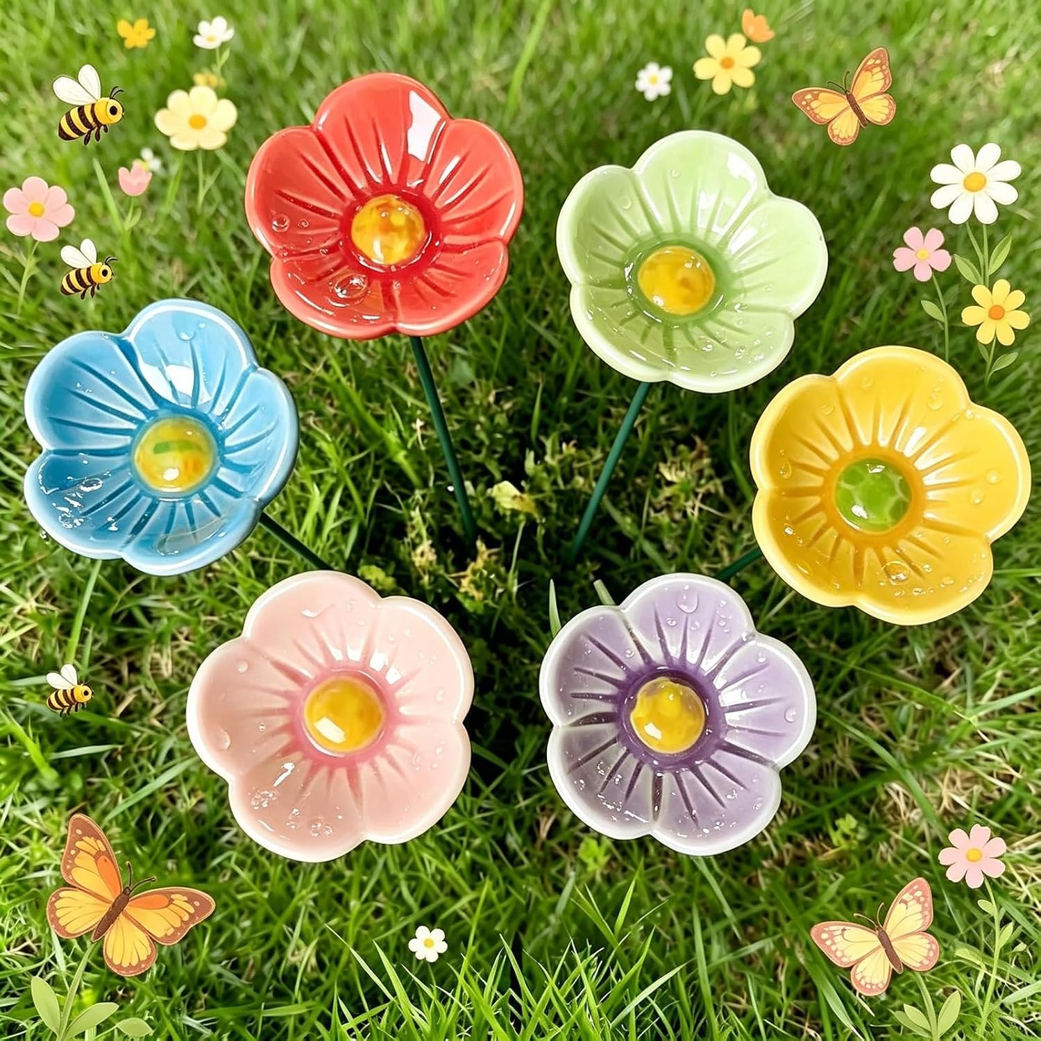 Set Mit 6 Blütenförmigen Bienenfutterstellen Für Den Garten: Futterstellen, Bienenstangen Und Tränken Dekorative Ständer Und Geschenkideen Für Den Garten.