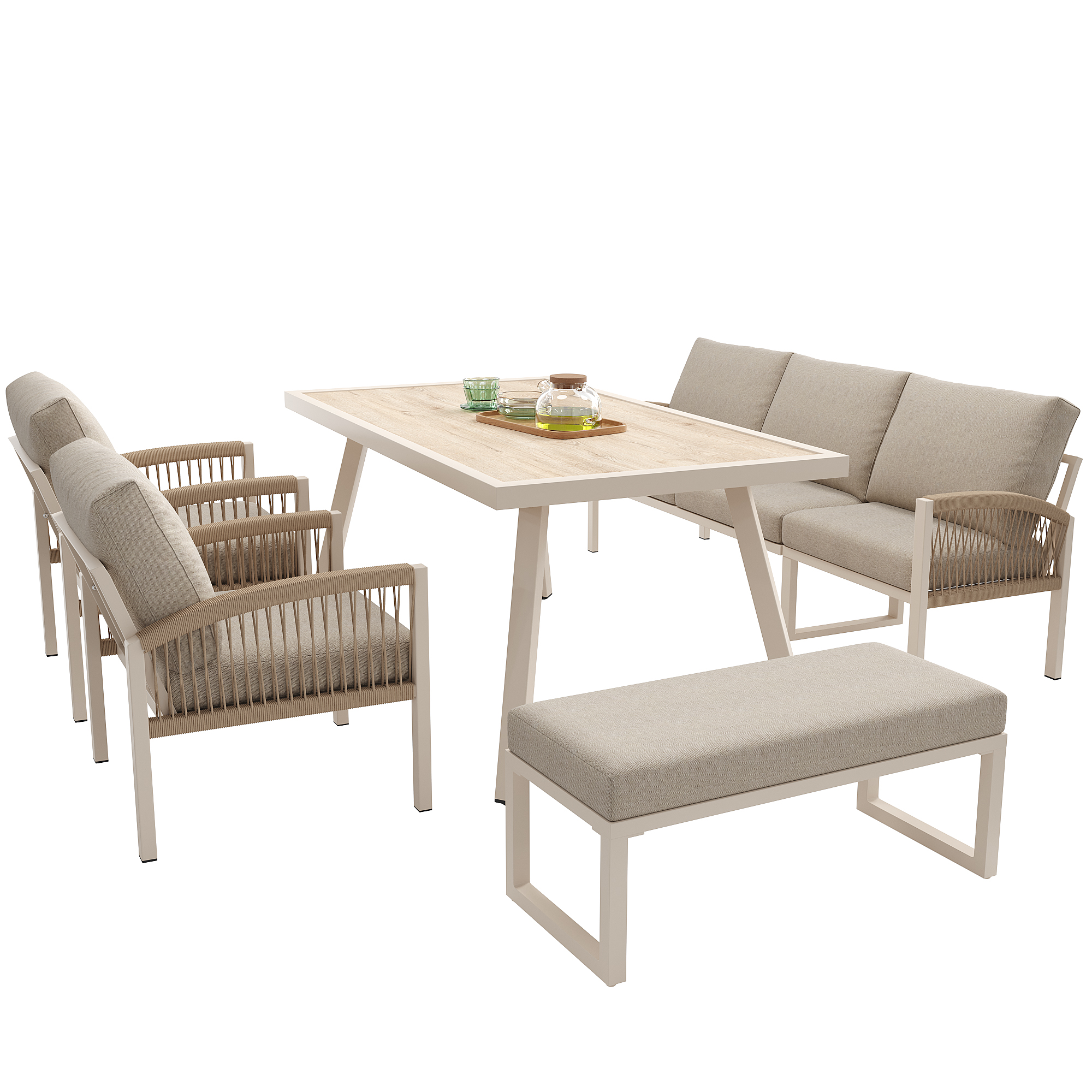 Elvmi Gartenlounge Mit 1 Sofa, 2 Sesseln, 1 Bank Und 1 Couchtisch, Eisen, Beige
