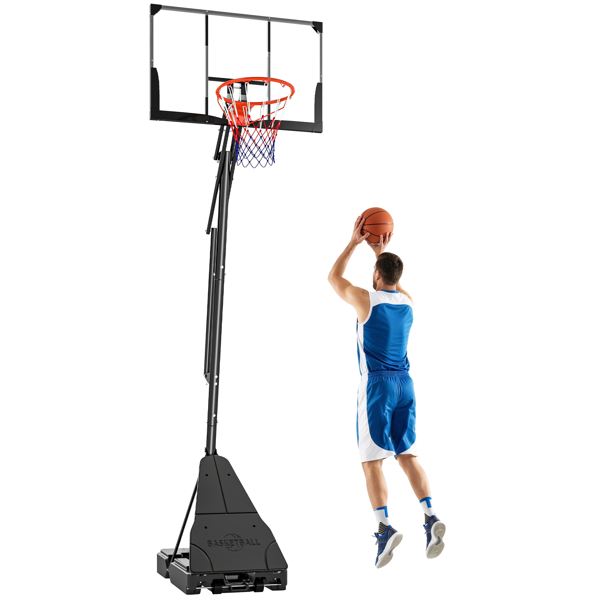 Outdoor-basketballkorb Mit Beschwertem Fuß, Aus Stahl, Pe Und Pc, 120 X 120 X 245–305 Cm