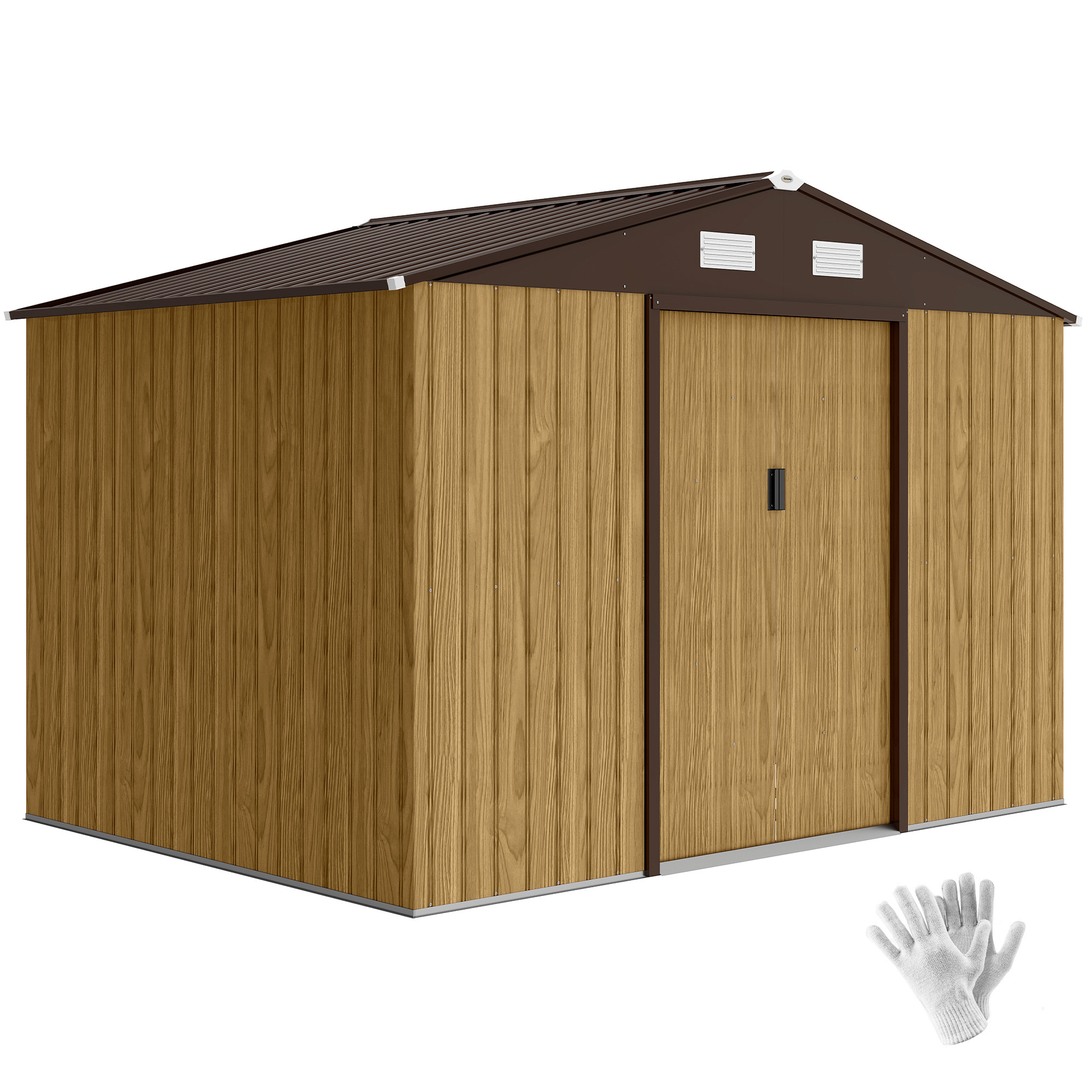 Gartenhäuschen Für Den Außenbereich, 4,9 M² (277 X 195 X 192 Cm), Mit Schiebetür, Belüftung Und Fundamentbausatz, Braune Farbe.