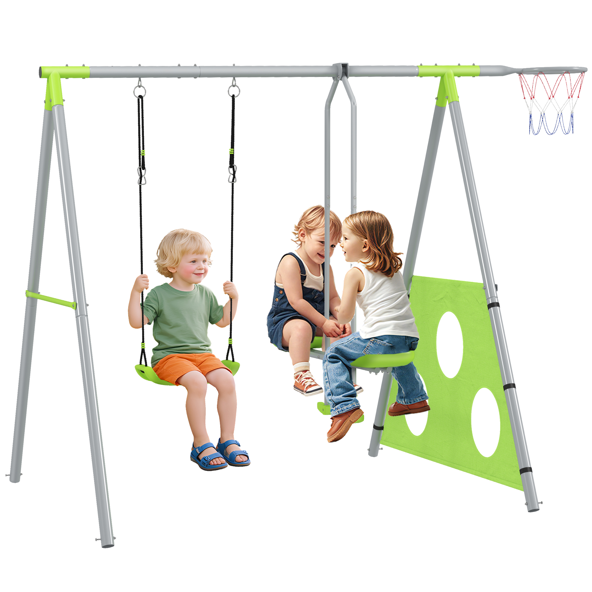 4-in-1-spielset Für Kinder Mit 2 Gartenschaukeln, Einem Basketballkorb Und Einem Fußballtor, 215 X 180 X 182 Cm, Grün Und Grau
