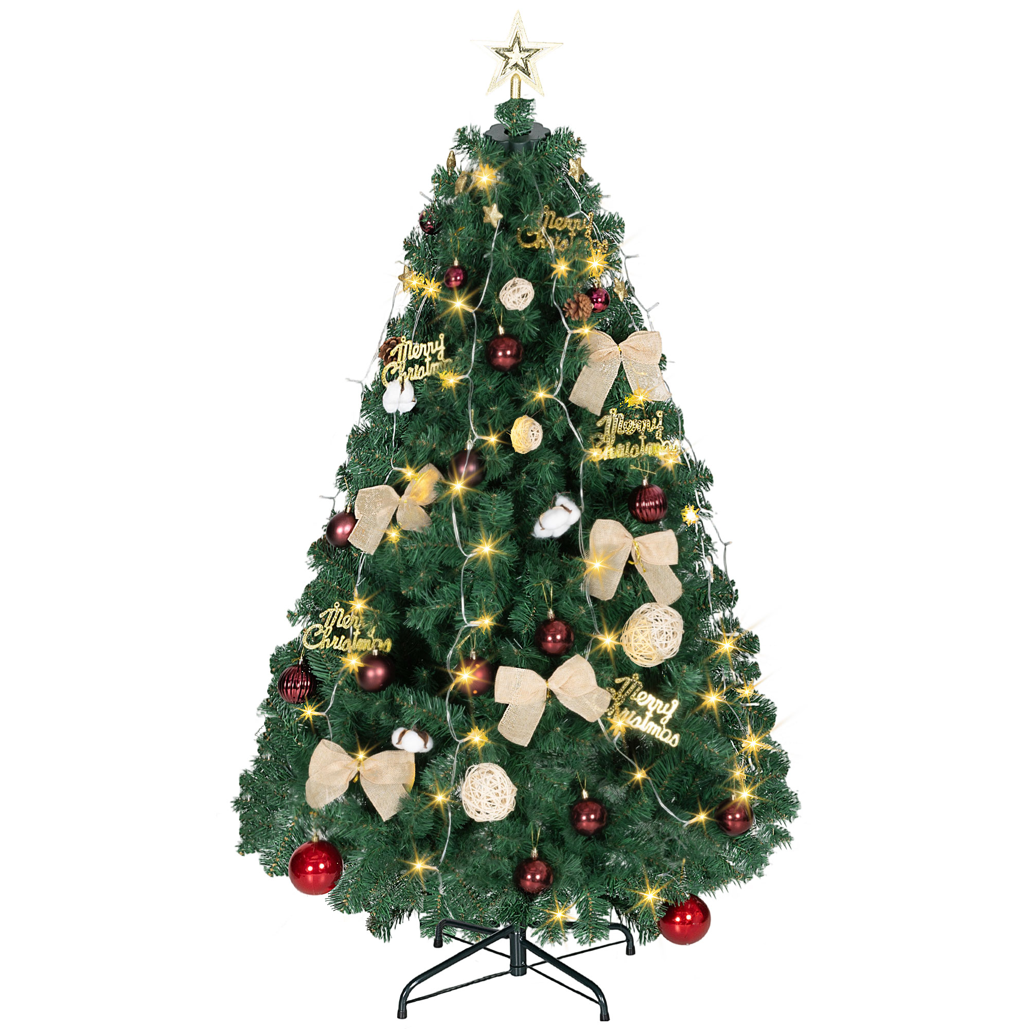 150 Cm Hoher Weihnachtsbaum Mit Dekoration, 150 Warmweißen Led-lichtern, 8 Beleuchtungsmodi, 480 Zweigen, Grün