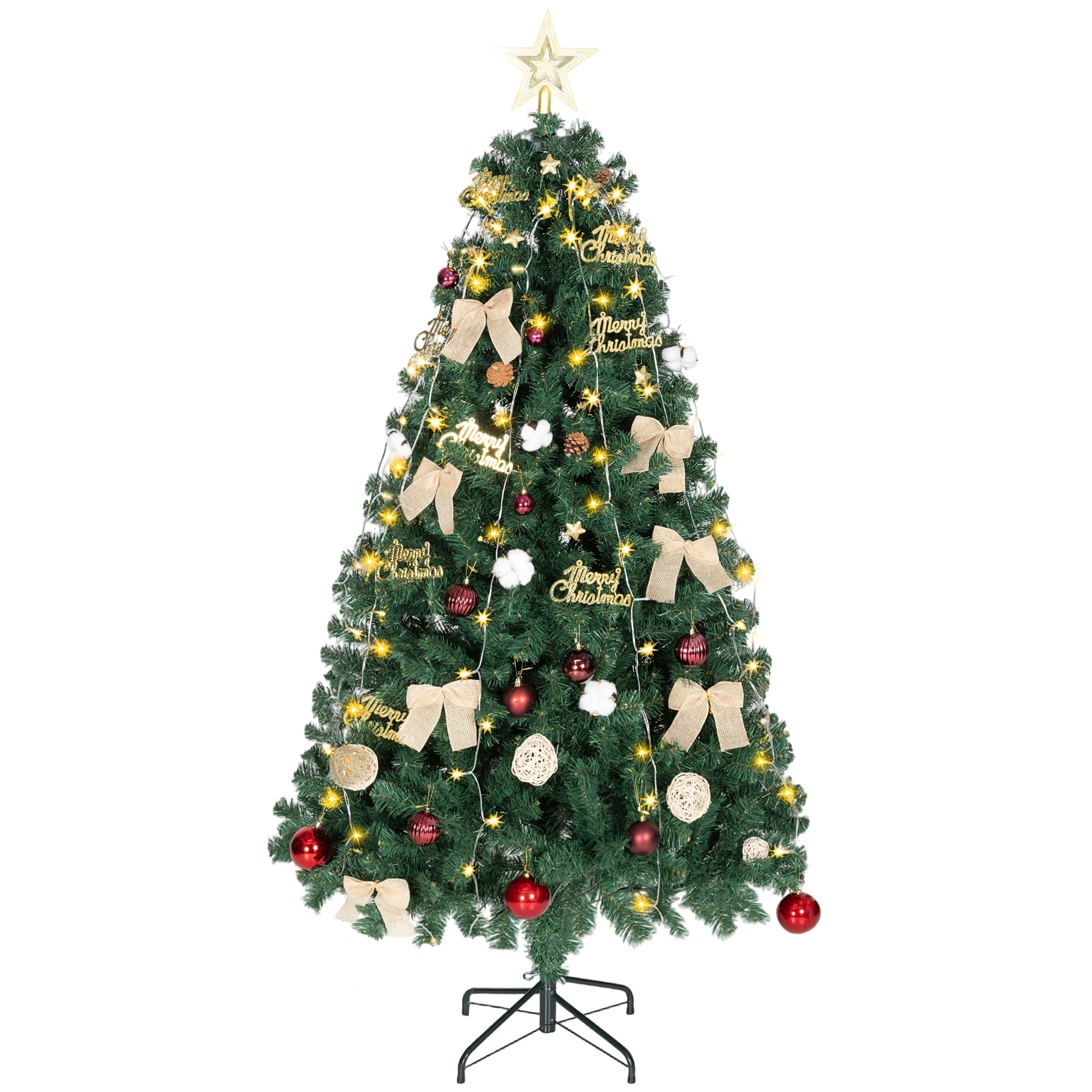 180 Cm Hoher Weihnachtsbaum Mit Dekoration, 200 Warmweißen Led-lichtern, 8 Beleuchtungsmodi, 650 Grünen Zweigen