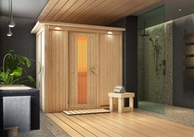 Karibu Sauna Variado, mit Dachkranz, bronziert,Ganzglastür