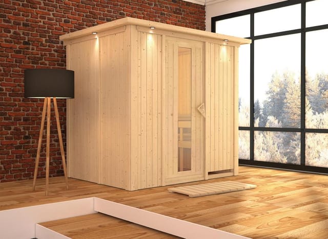 Karibu Sauna Bodin, mit Dachkranz, Holztür mit Isolierglas,Klarglas