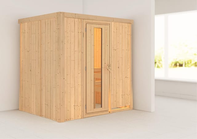 Karibu Sauna Bodin, ohne Dachkranz, Holztür mit Isolierglas,Klarglas